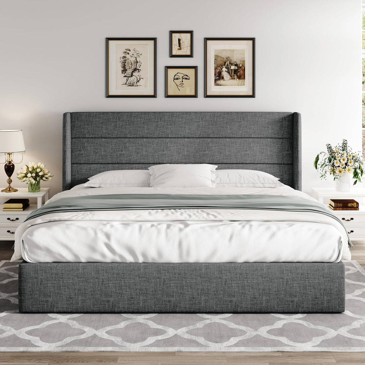Queen Size Lift Up Storage Bed with Wingback Headboard, Upholstered Platform Bed Frame with Hidden Storage