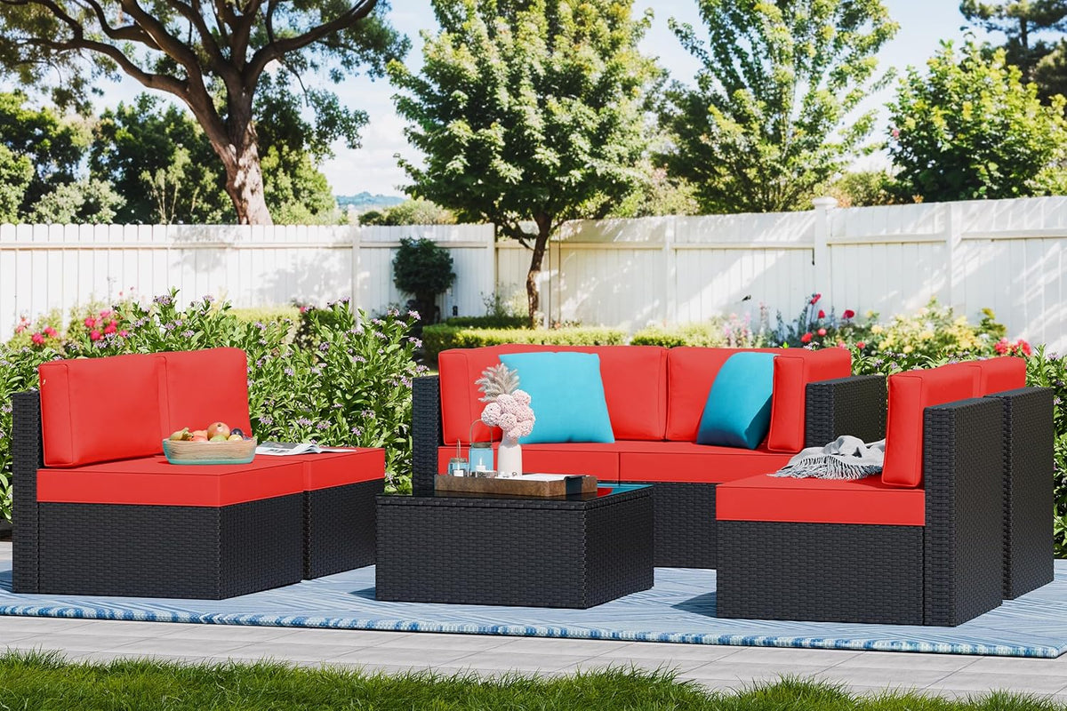 5-Piece All-Weather Patio Furniture Set with Ottoman, Outdoor Wicker Conversation Sofa Set with Cushions for Garden, Deck & Backyard