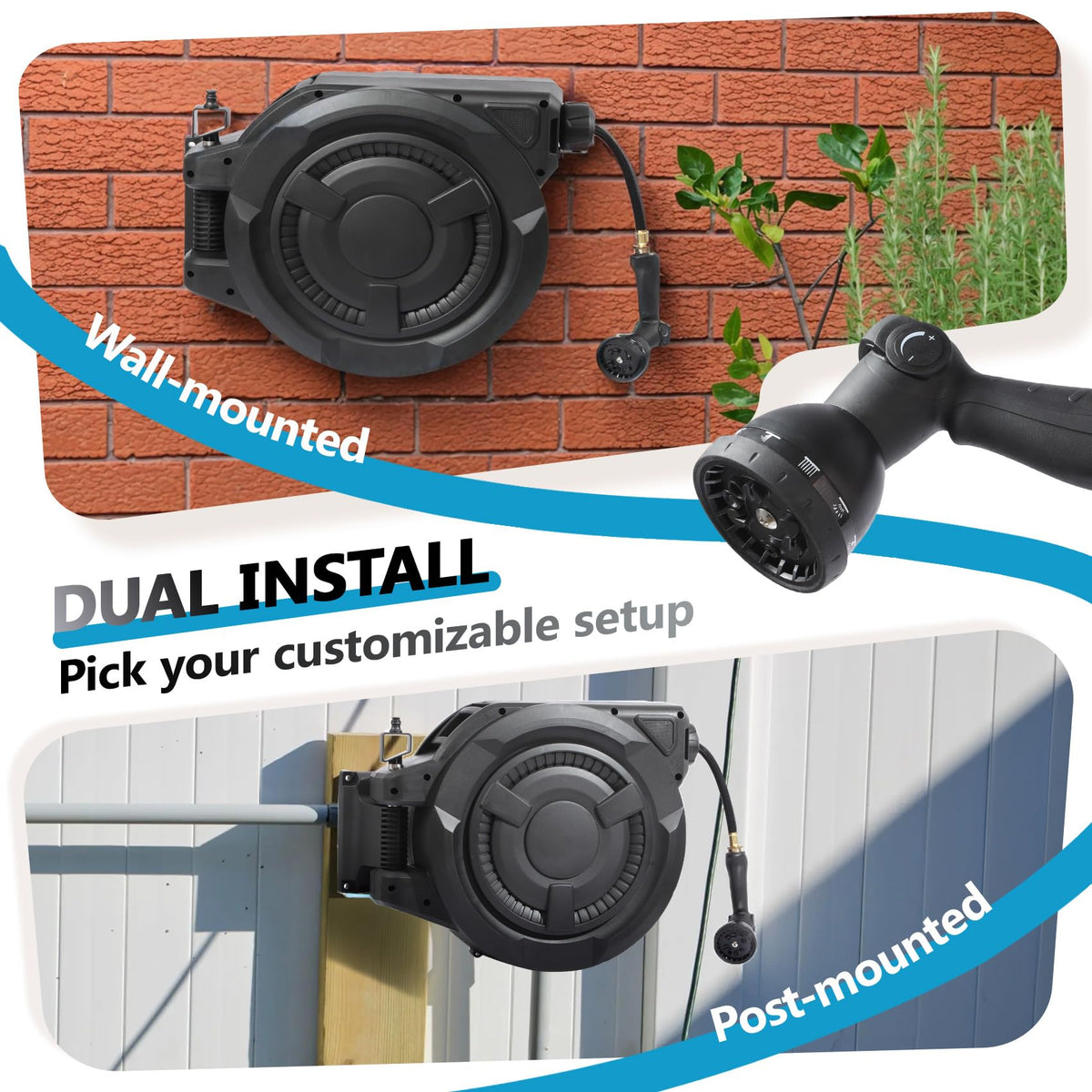 100 ft Wall Mounted Garden Hose Reel, 1/2 Inch Hose with 180掳 Swivel