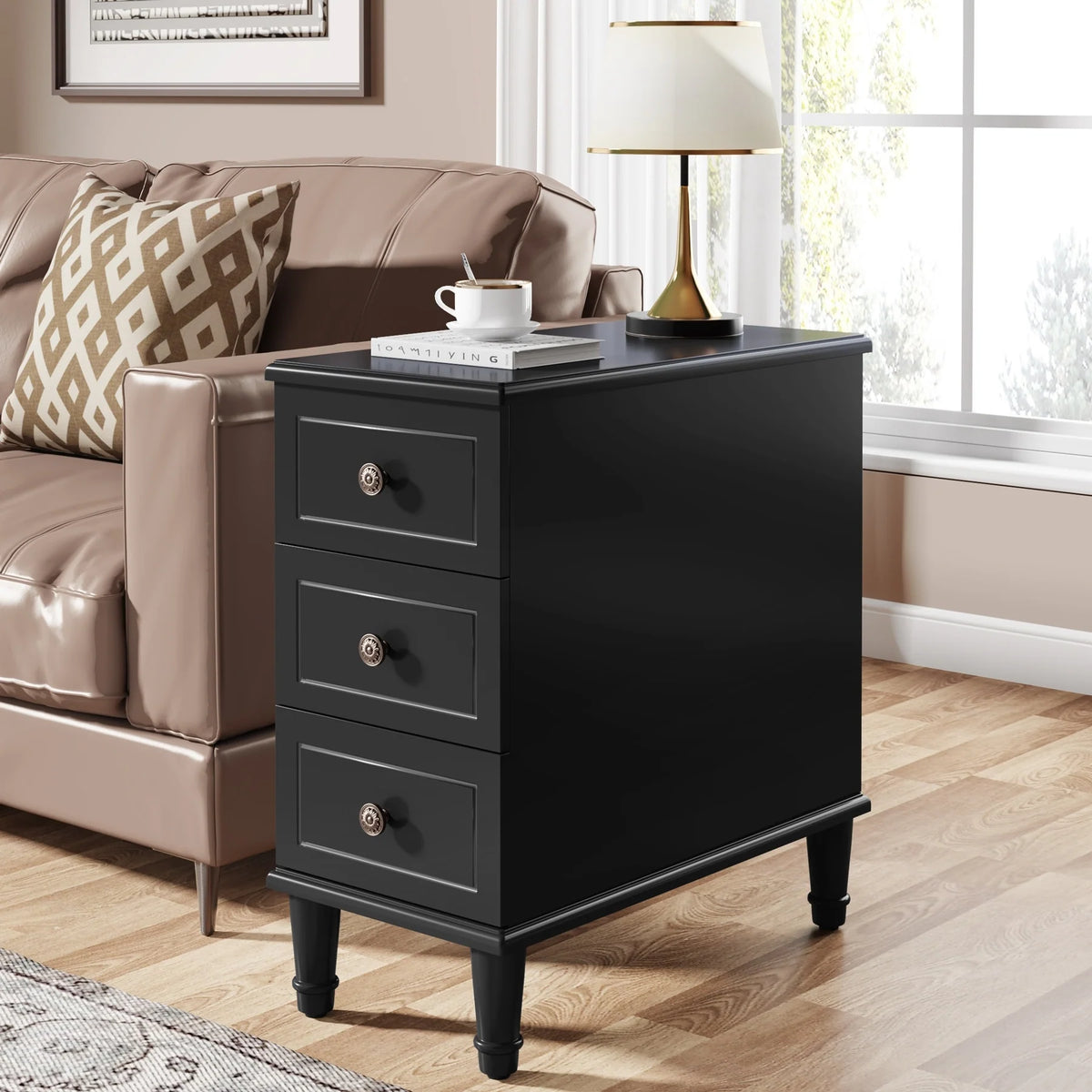Fully Assembled Narrow End Table, Solid Wood Side Table with 3 Drawers, Vintage Nightstand for Small Spaces