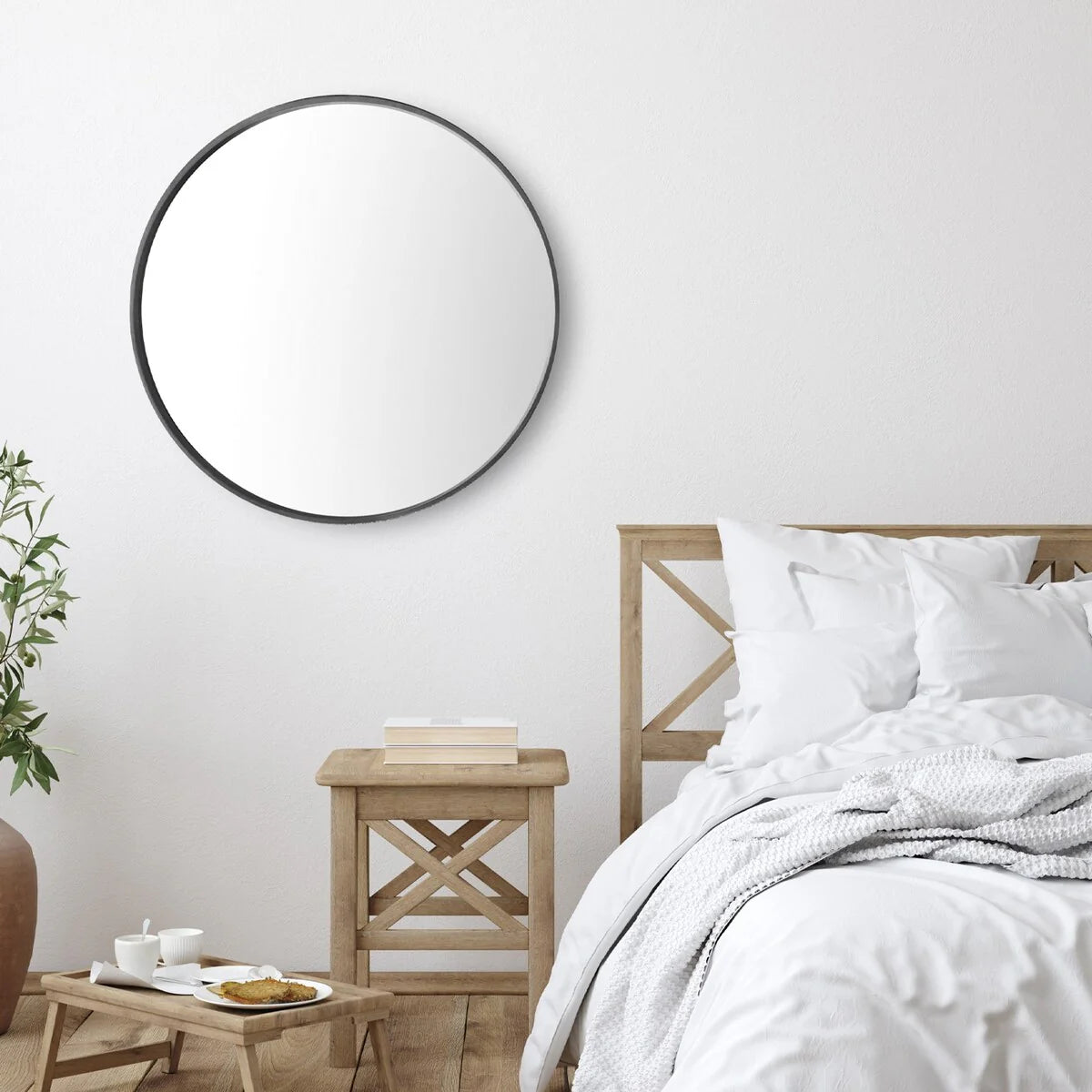 Classic Farmhouse Round Wall Mirror, Wooden Frame Decorative Accent Mirror for Living Room, Bedroom and Entryway