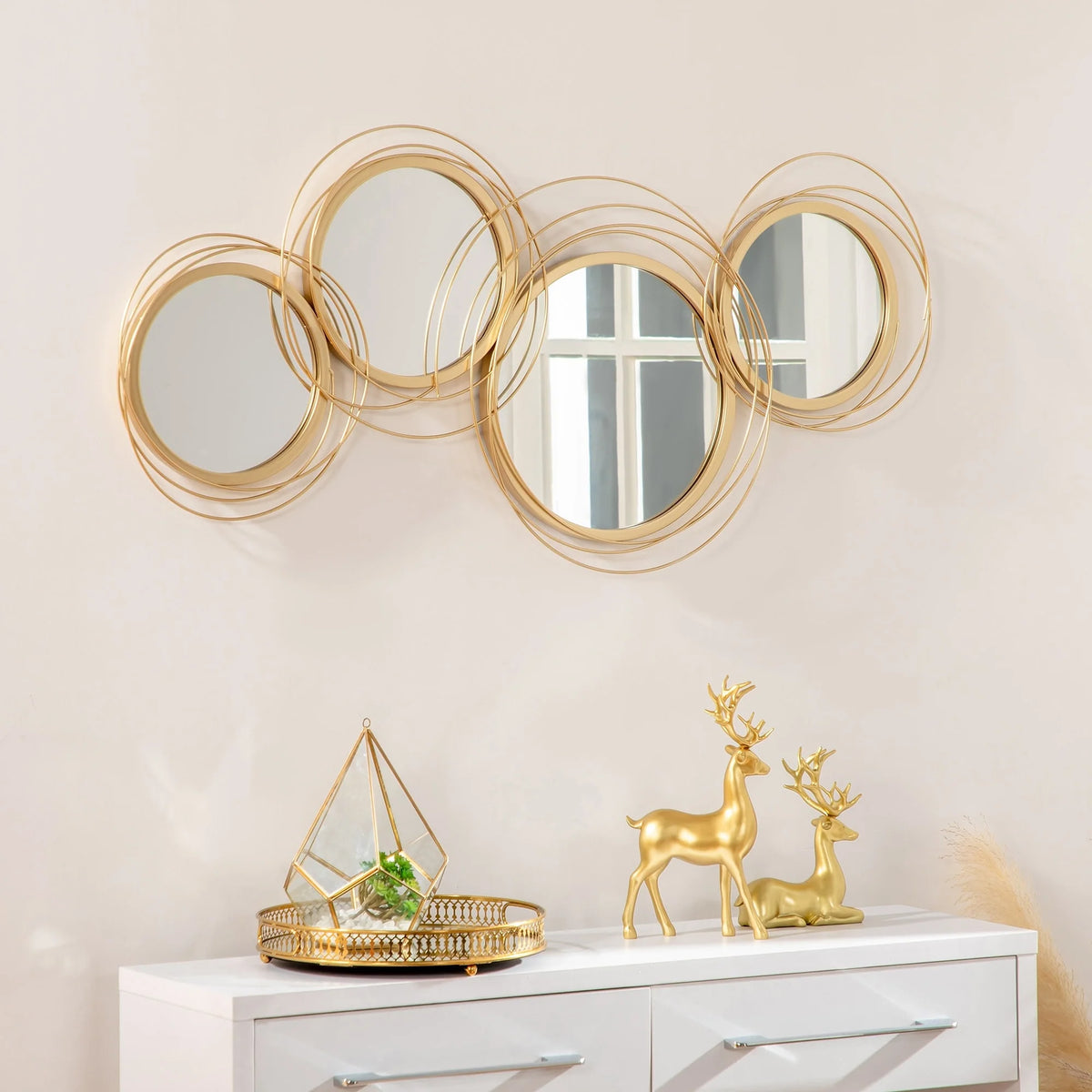 Modern Gold Metal Wall Art with Mirror, Decorative Hanging Wall Sculpture for Living Room, Bedroom and Dining Room