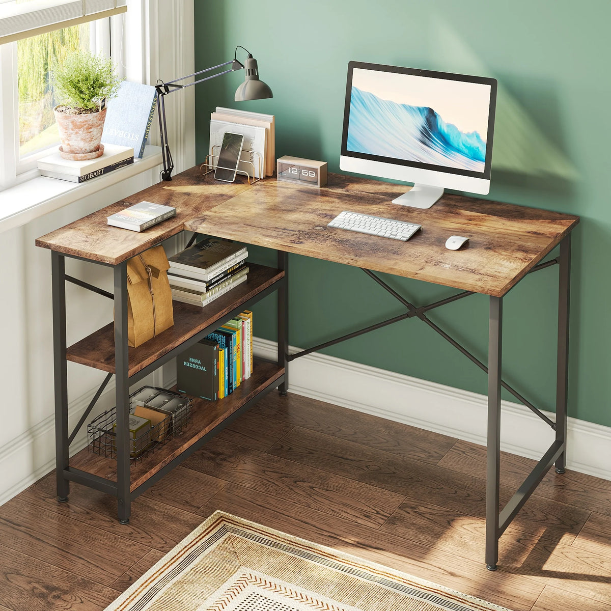 Small L Shaped Computer Desk with Storage Shelves, Compact Corner Workstation for Home Office and Study