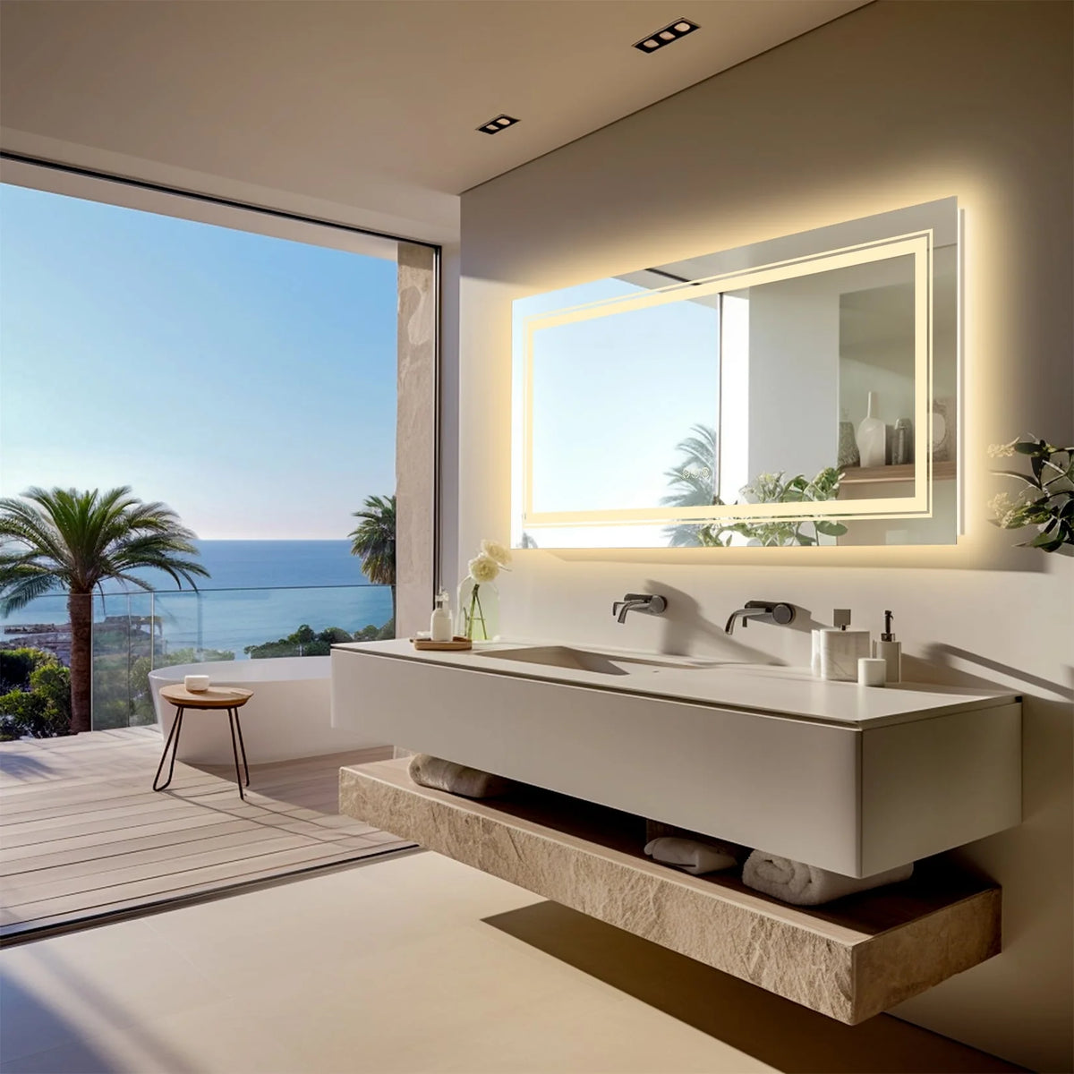 Extra Large LED Lighted Bathroom Mirror, Anti-Fog Wall Mounted Vanity Mirror with 3 Colors