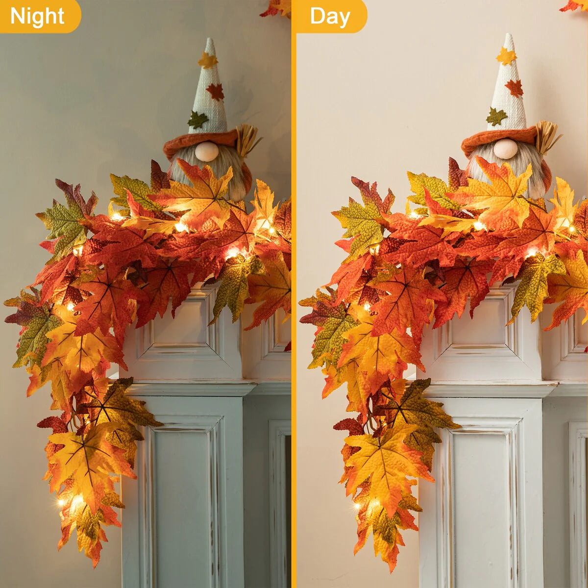 Thanksgiving LED Lighted Fall Maple Leaf Wreath and Garland - Autumn Home Decor