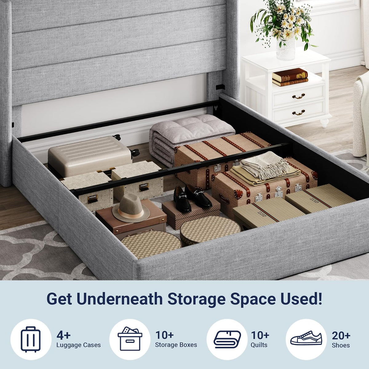 Queen Size Lift Up Storage Bed with Wingback Headboard, Upholstered Platform Bed Frame with Hidden Storage