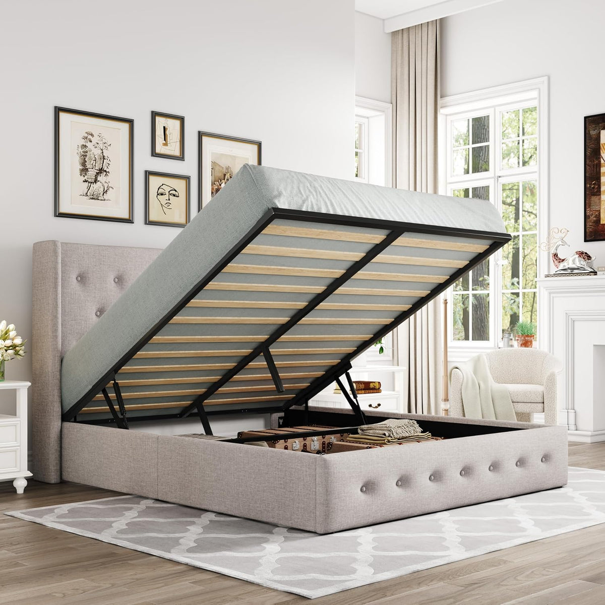 Queen Size Lift Up Storage Bed with Wingback Headboard, Upholstered Platform Bed Frame with Hidden Storage