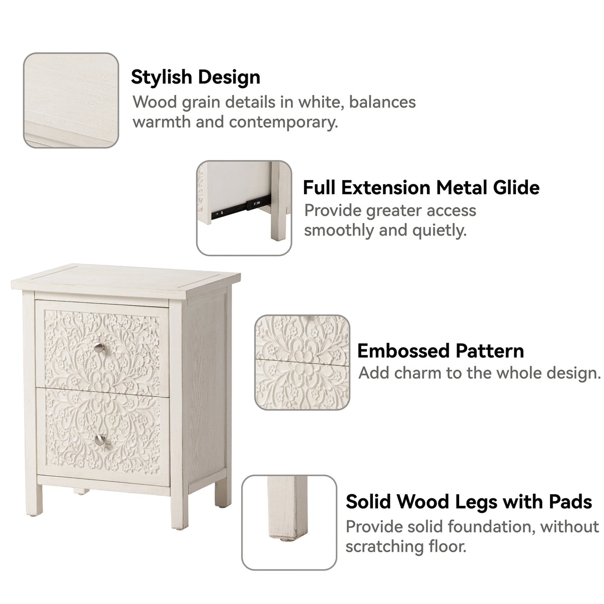 Farmhouse Fully Assembled Nightstand with 2 Drawers, Flower Motif End Table for Small Spaces