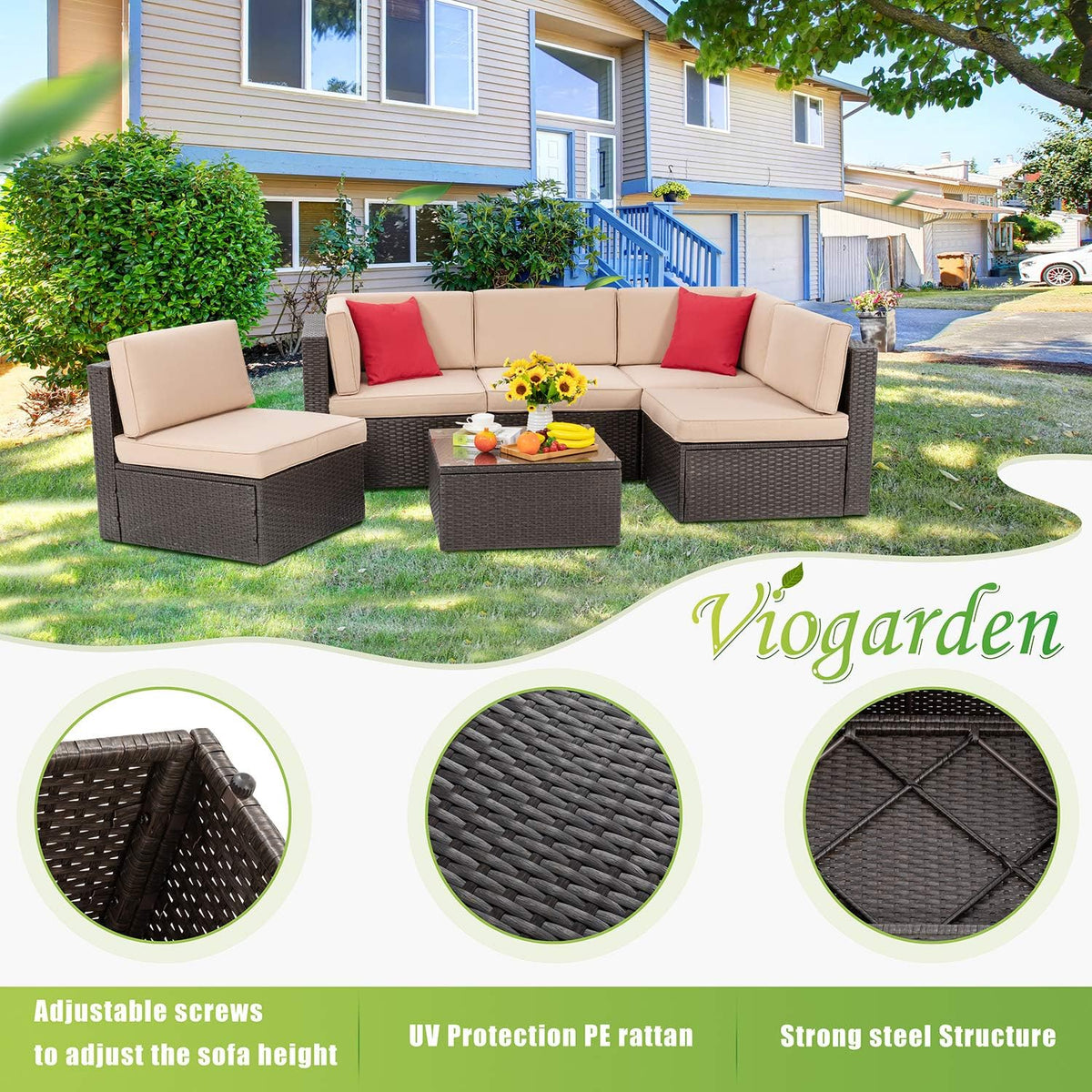 5-Piece All-Weather Patio Furniture Set with Ottoman, Outdoor Wicker Conversation Sofa Set with Cushions for Garden, Deck & Backyard