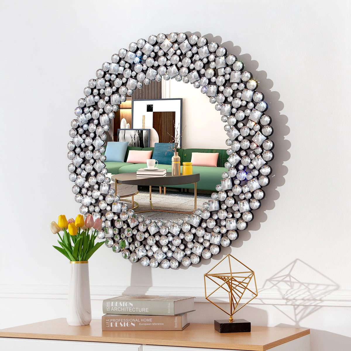 Modern Round Wall Mirror, Crystal Accent Decorative Mirror for Living Room, Bedroom and Entryway
