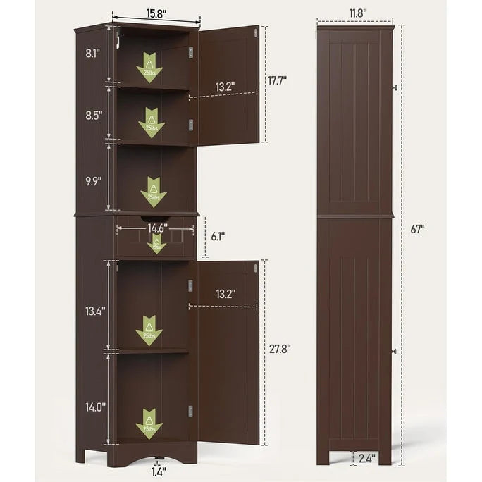 67 Inch Tall Narrow Bathroom Linen Cabinet, 5-Tier Solid Wood Freestanding Storage Cabinet