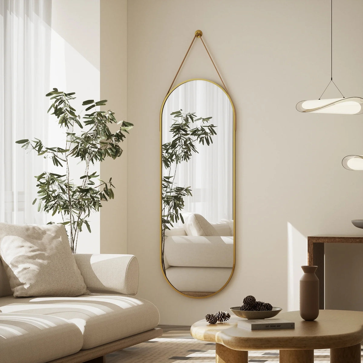 48 x 16 Inch Full Length Wall Mirror with Leather Strap, Hanging Full Body Mirror for Bedroom, Entryway and Home Decor
