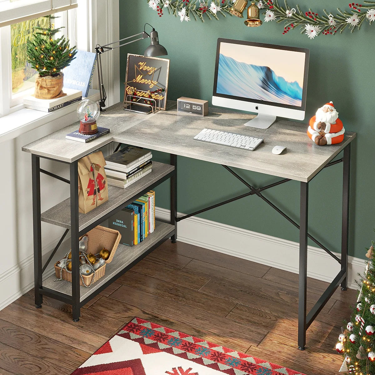 Small L Shaped Computer Desk with Storage Shelves, Compact Corner Workstation for Home Office and Study