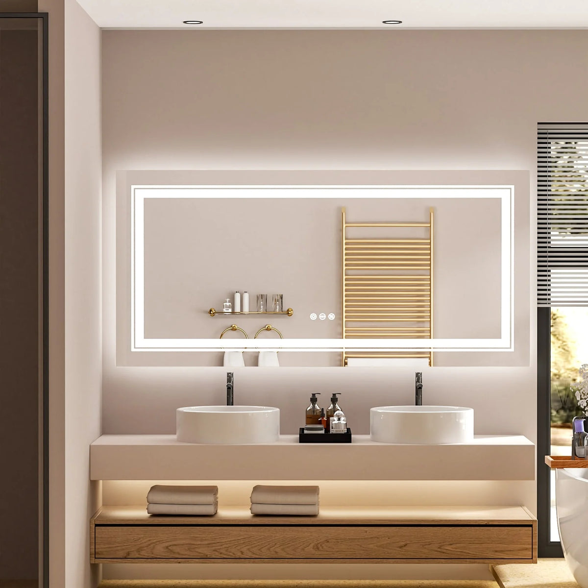 Extra Large LED Lighted Bathroom Mirror, Anti-Fog Wall Mounted Vanity Mirror with 3 Colors