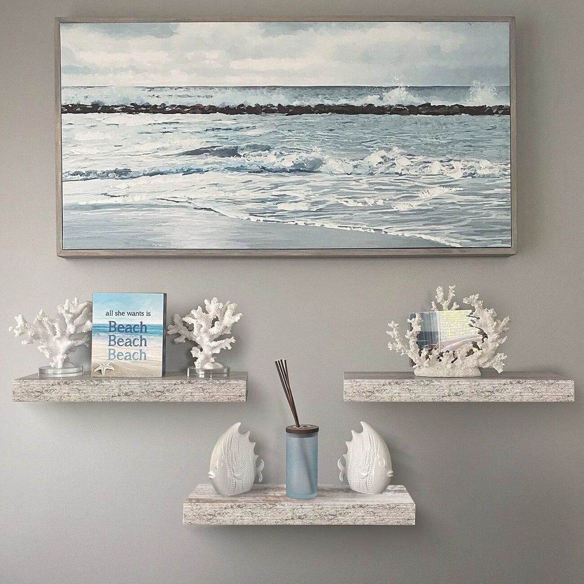 3-Pack Rustic Wood Floating Wall Shelves, Beach Style Hanging Display and Storage Shelves