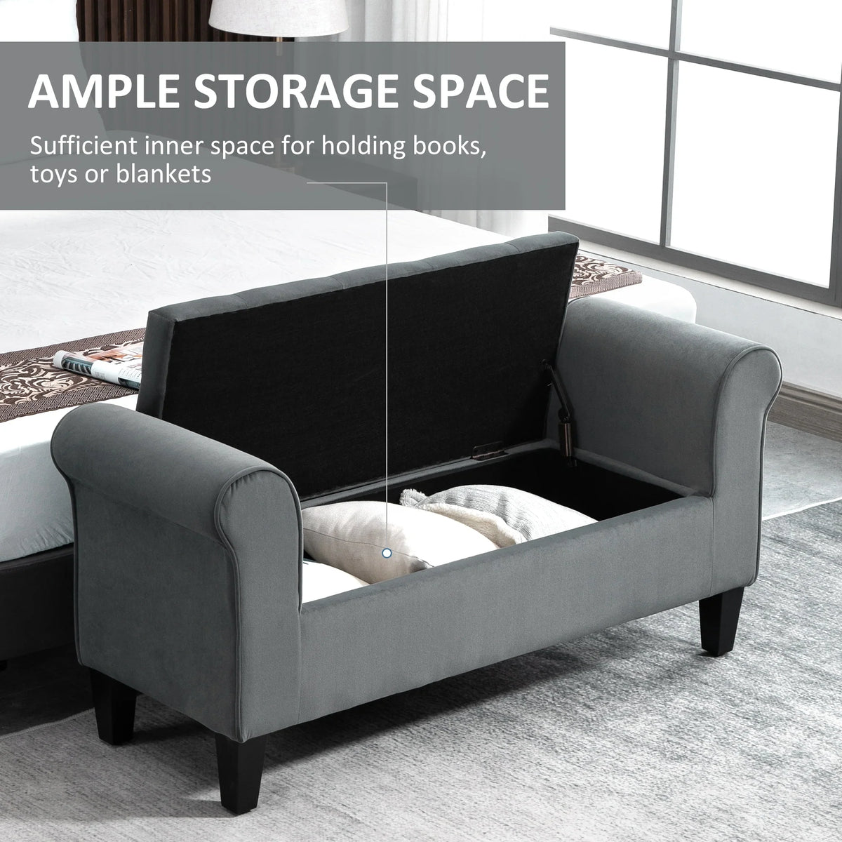 Button-Tufted Storage Ottoman Bench, Upholstered Bed Bench with Rolled Armrests for Bedroom, Living Room and Hallway
