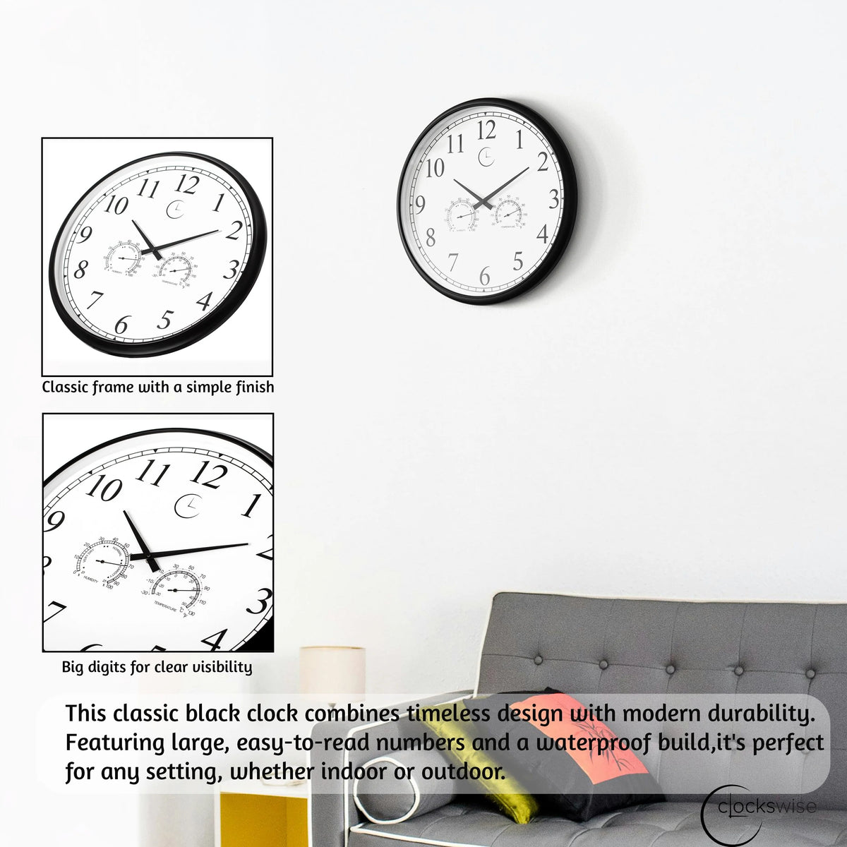 Large Outdoor Wall Clock with Thermometer, Waterproof Silent Garden Weather Station, Black