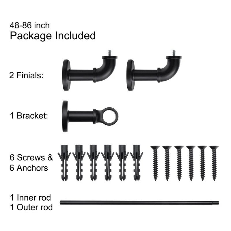 1 Inch Industrial Curtain Rods for Windows, Blackout Wrap-Around Rods, Rustic Matte Black