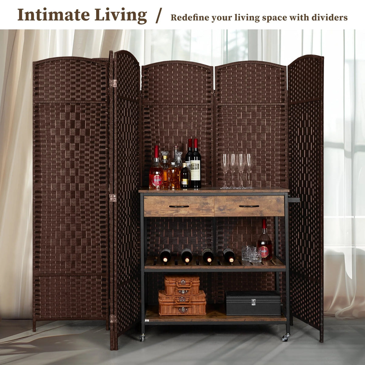 6 FT Tall Woven Fiber Room Divider, Freestanding Folding Privacy Screen