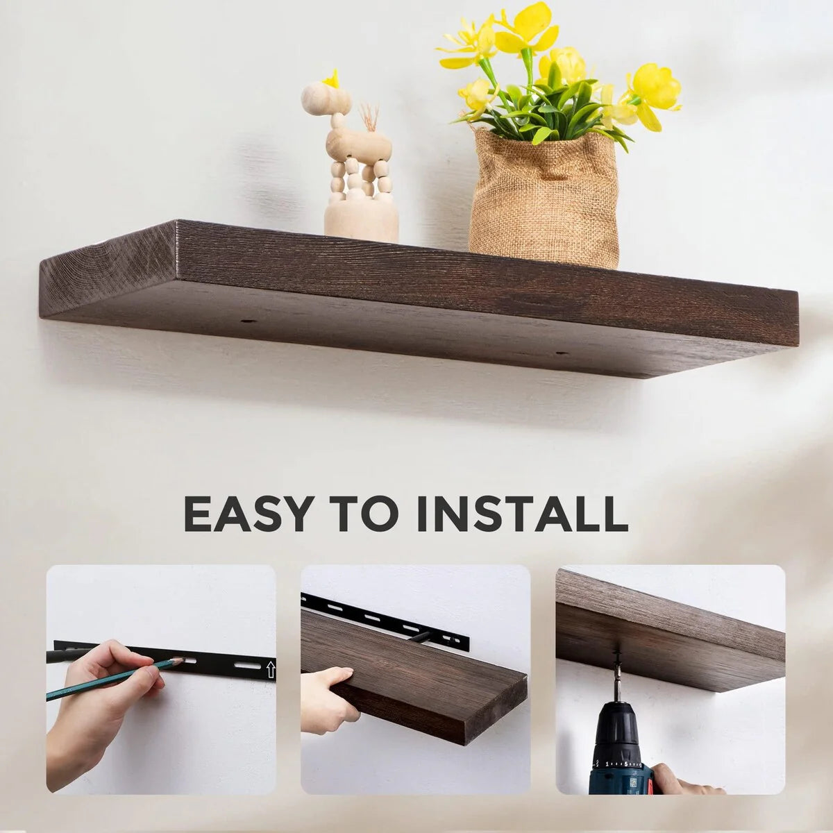 Set of 2 Handcrafted European Pine Floating Wall Shelves, Natural Rustic Wood