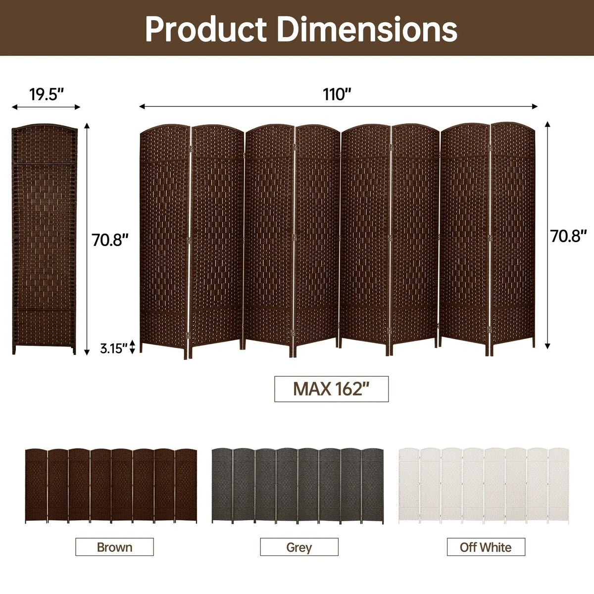 6 FT Tall Woven Fiber Room Divider, Freestanding Folding Privacy Screen