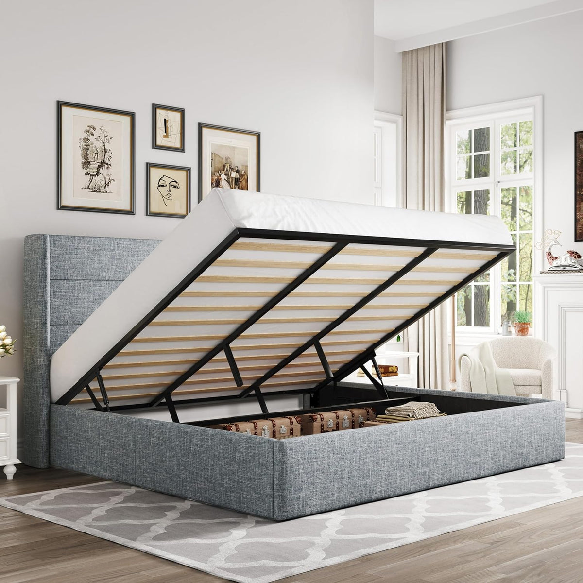 Queen Size Lift Up Storage Bed with Wingback Headboard, Upholstered Platform Bed Frame with Hidden Storage