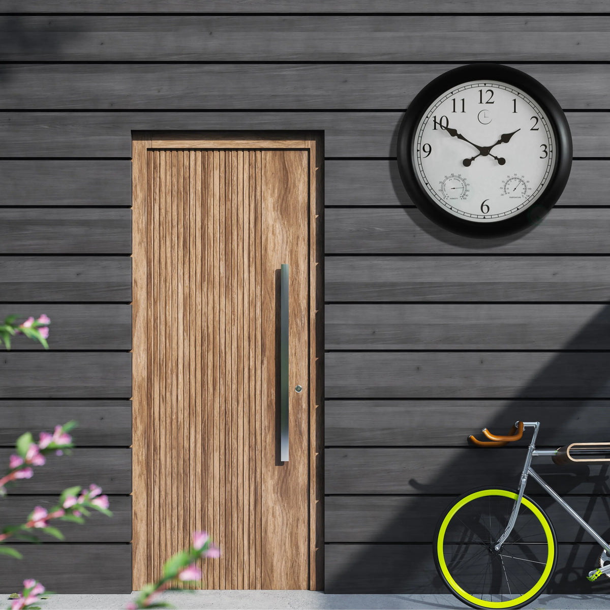 Large Outdoor Wall Clock with Thermometer, Waterproof Silent Garden Weather Station, Black