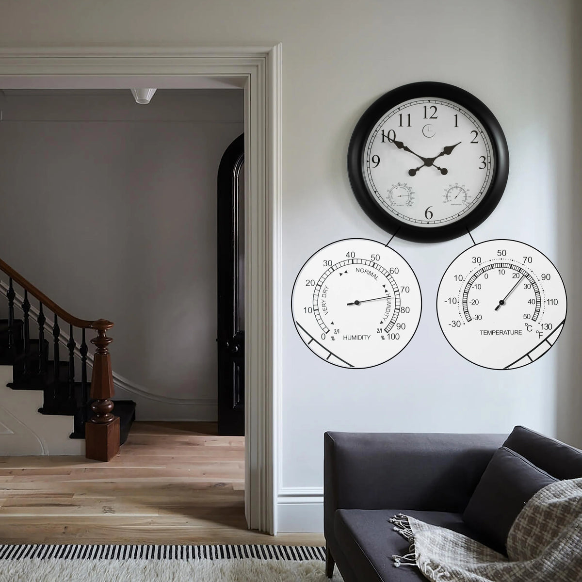 Large Outdoor Wall Clock with Thermometer, Waterproof Silent Garden Weather Station, Black