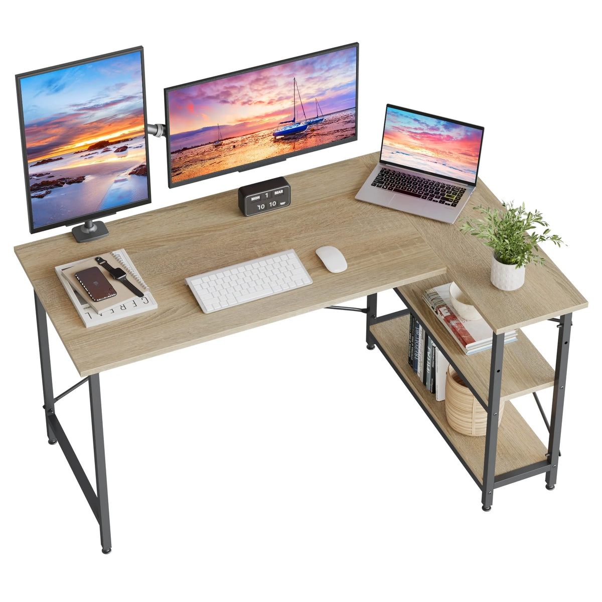 Small L Shaped Computer Desk with Storage Shelves, Compact Corner Workstation for Home Office and Study