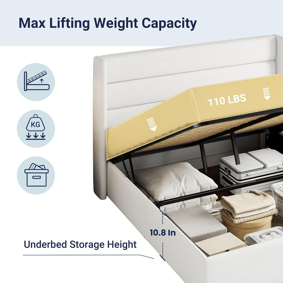 Queen Size Lift Up Storage Bed with Wingback Headboard, Upholstered Platform Bed Frame with Hidden Storage