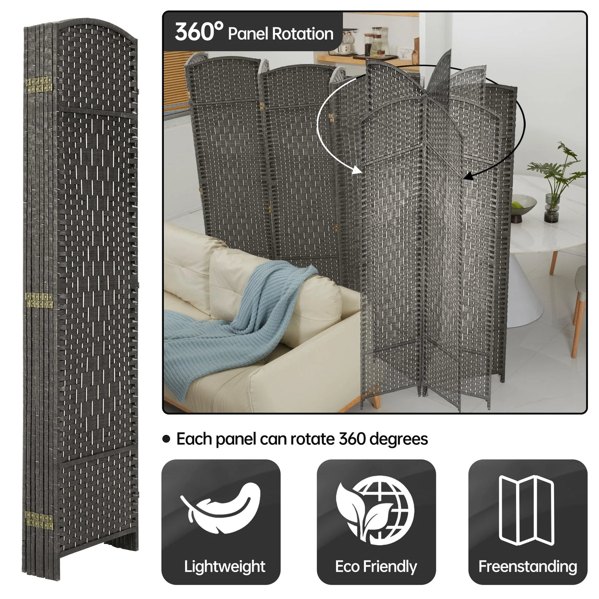 6 FT Tall Woven Fiber Room Divider, Freestanding Folding Privacy Screen