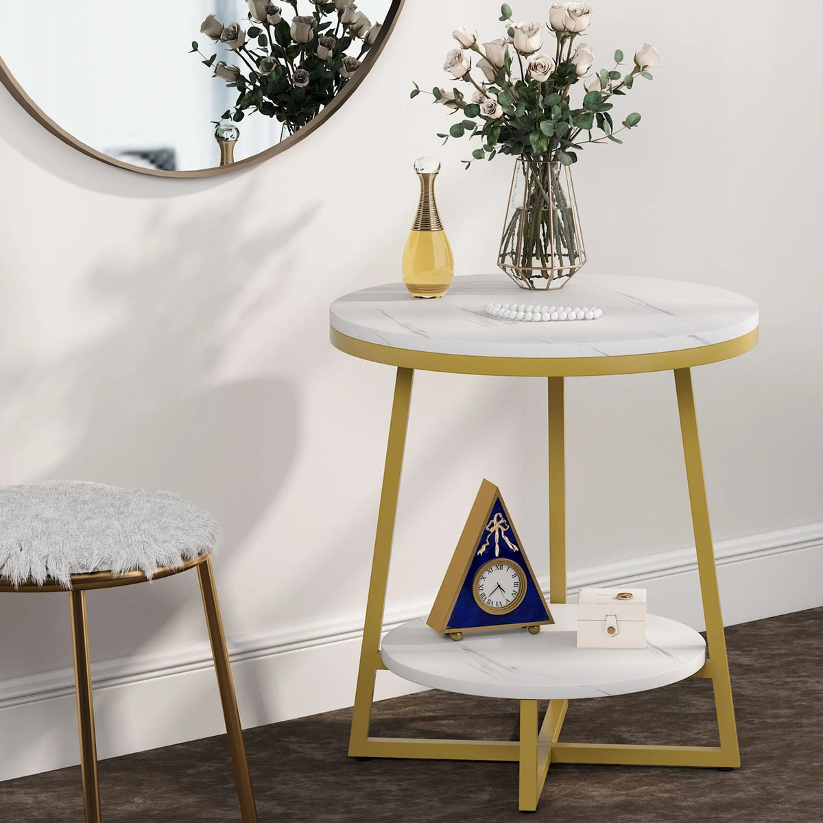Industrial Round End Table, Small Side Table and Accent Coffee Table for Living Room and Bedroom