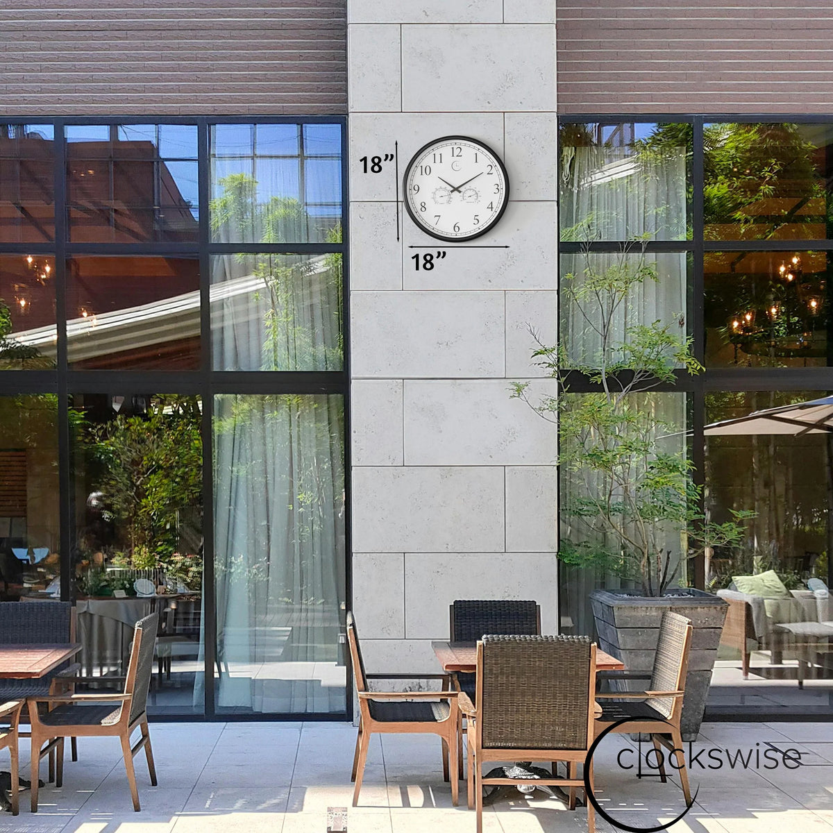 Large Outdoor Wall Clock with Thermometer, Waterproof Silent Garden Weather Station, Black