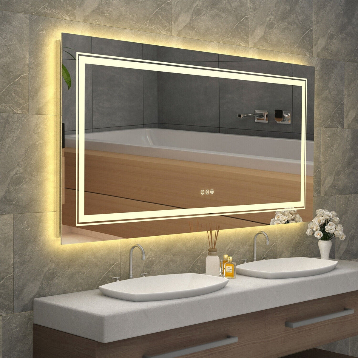 Extra Large LED Lighted Bathroom Mirror, Anti-Fog Wall Mounted Vanity Mirror with 3 Colors