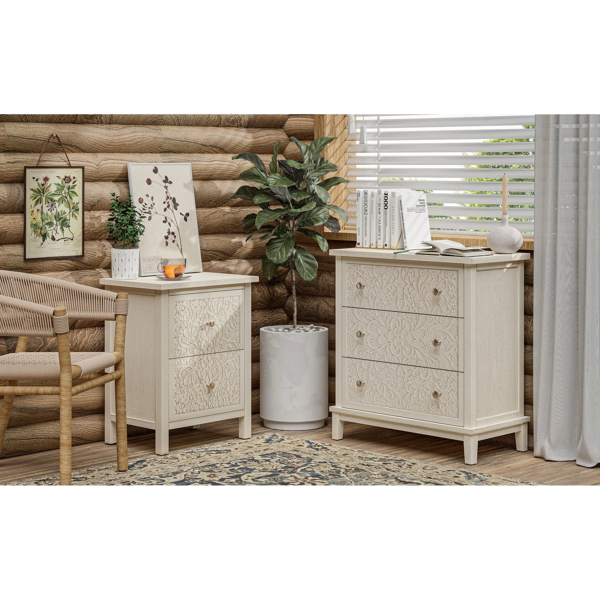 Farmhouse Fully Assembled Nightstand with 2 Drawers, Flower Motif End Table for Small Spaces