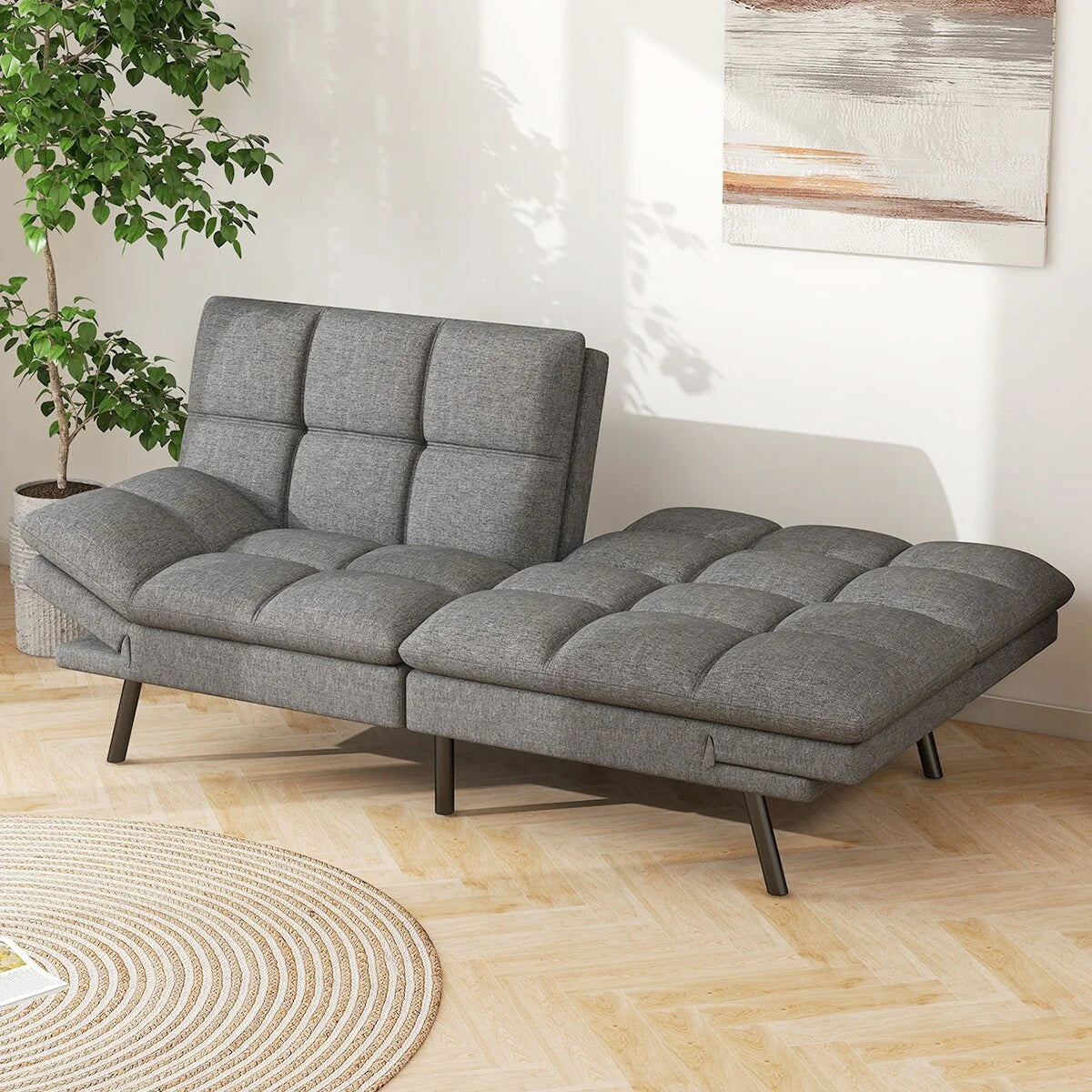Convertible Futon Sofa Bed with Memory Foam, Foldable Loveseat Sleeper with Adjustable Armrests