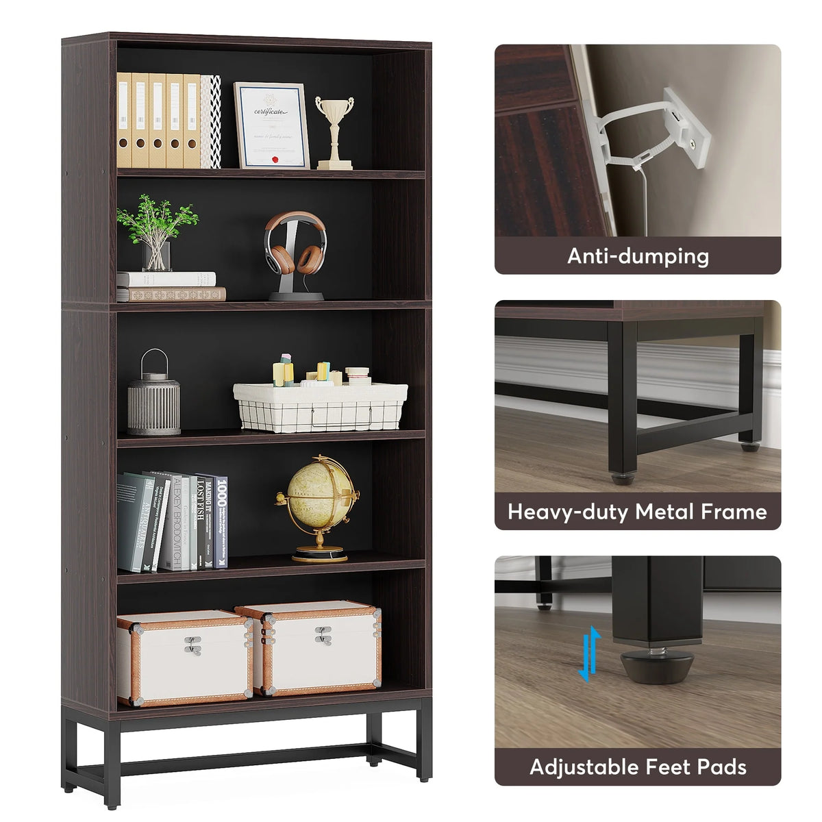 70.87 Inch Tall 5-Tier Bookcase, Large Bookshelf with 31.5 Inch Wide Storage