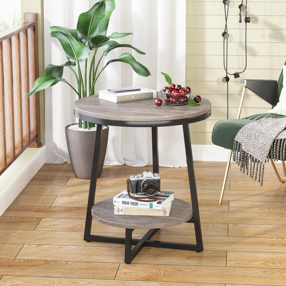 Industrial Round End Table, Small Side Table and Accent Coffee Table for Living Room and Bedroom