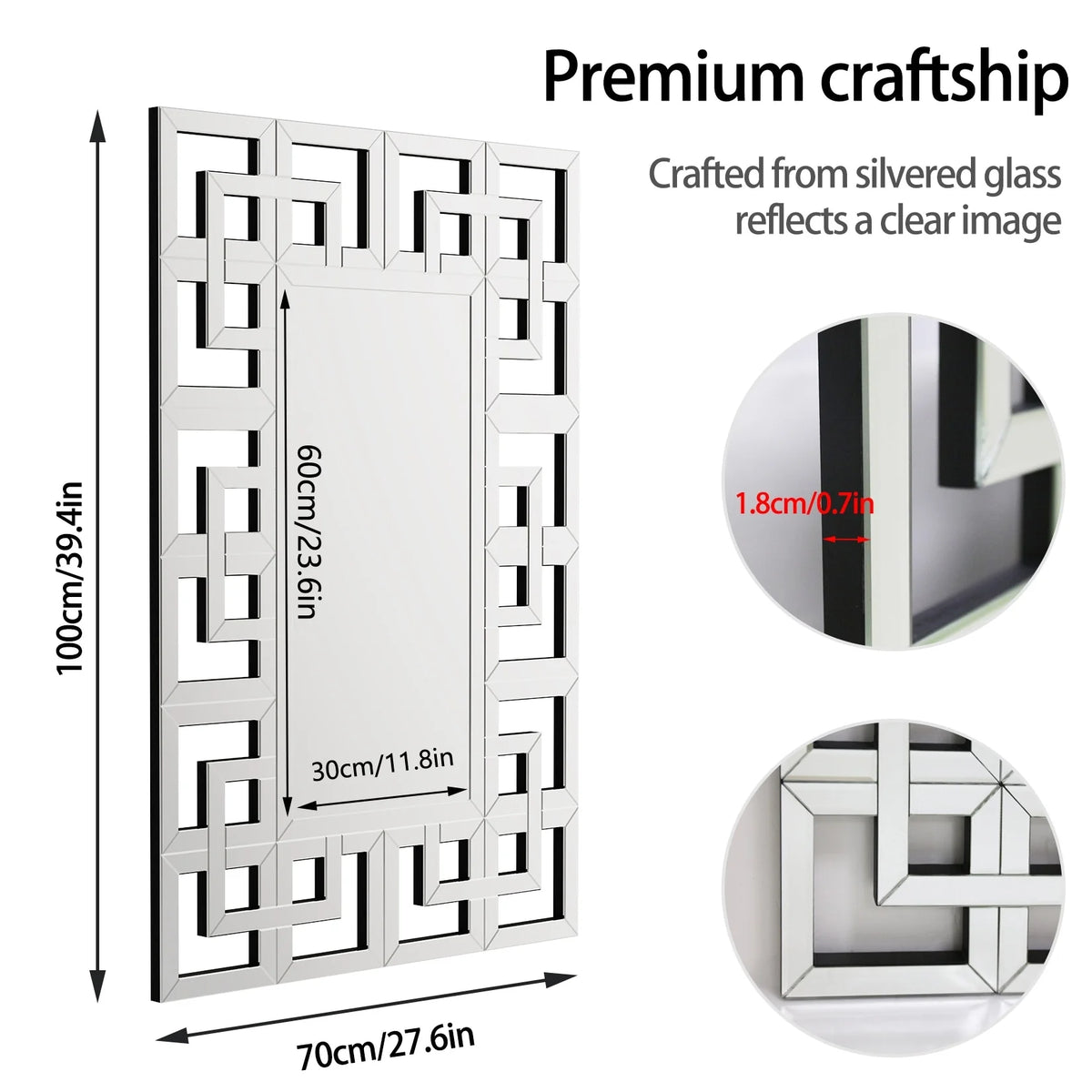 Large Silver Geometric Wall Mirror, Modern Decorative Accent Mirror for Living Room, Bedroom and Entryway