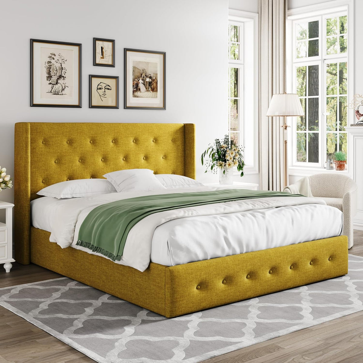 Queen Size Lift Up Storage Bed with Wingback Headboard, Upholstered Platform Bed Frame with Hidden Storage