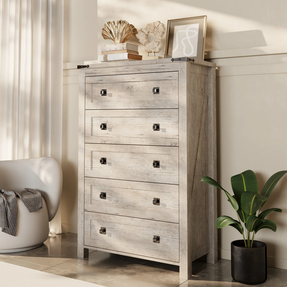 48 Inch Tall Farmhouse Wood Dresser, 5 Drawer Chest of Drawers for Bedroom