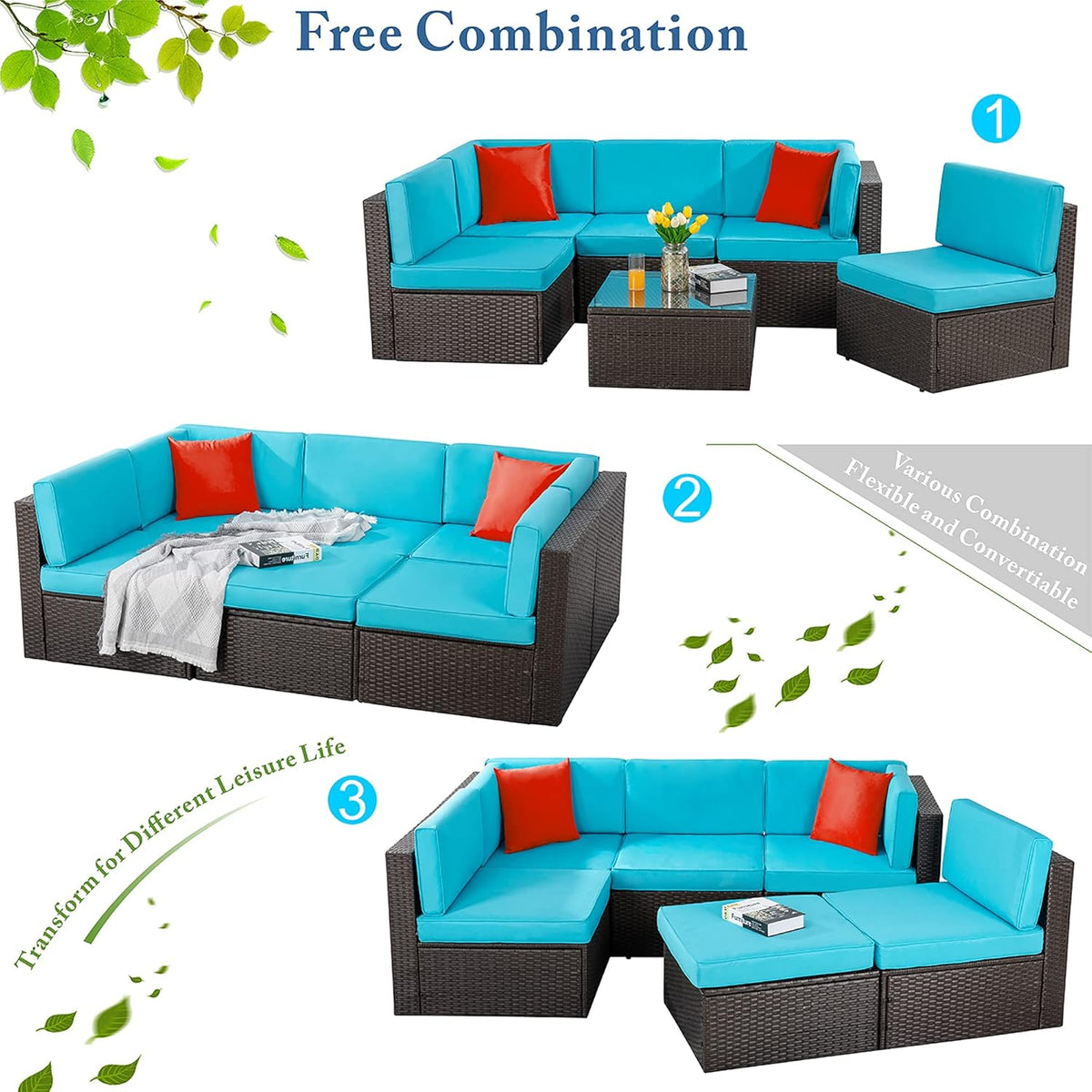 5-Piece All-Weather Patio Furniture Set with Ottoman, Outdoor Wicker Conversation Sofa Set with Cushions for Garden, Deck & Backyard