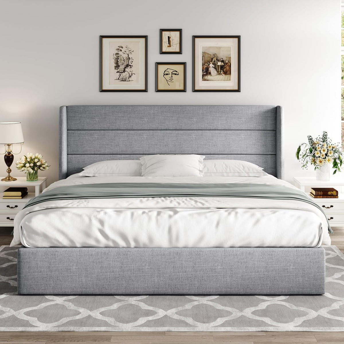 Queen Size Lift Up Storage Bed with Wingback Headboard, Upholstered Platform Bed Frame with Hidden Storage
