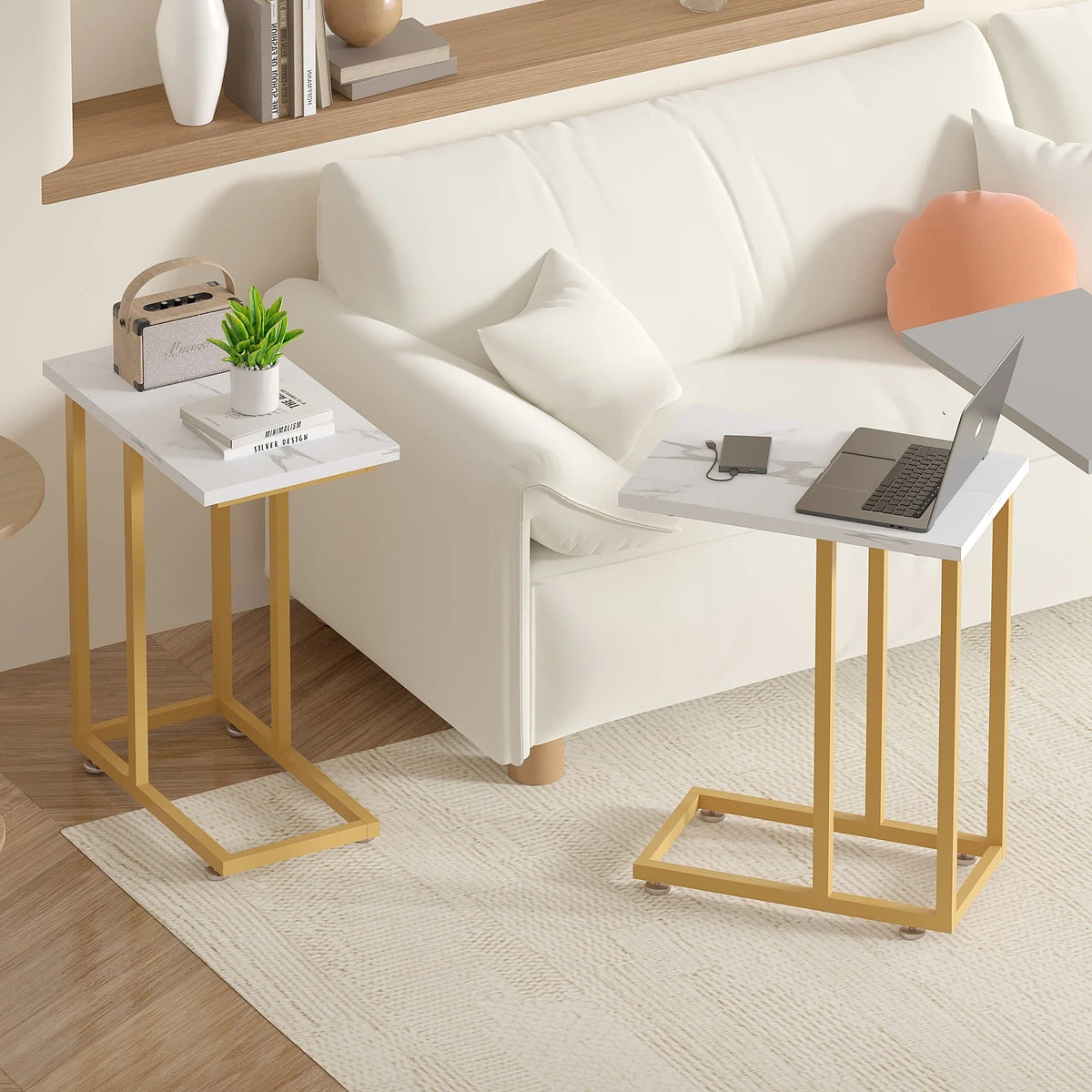 Set of 2 C-Shaped Sofa Side Tables, Small End Tables for Living Room, Bedside and TV Tray