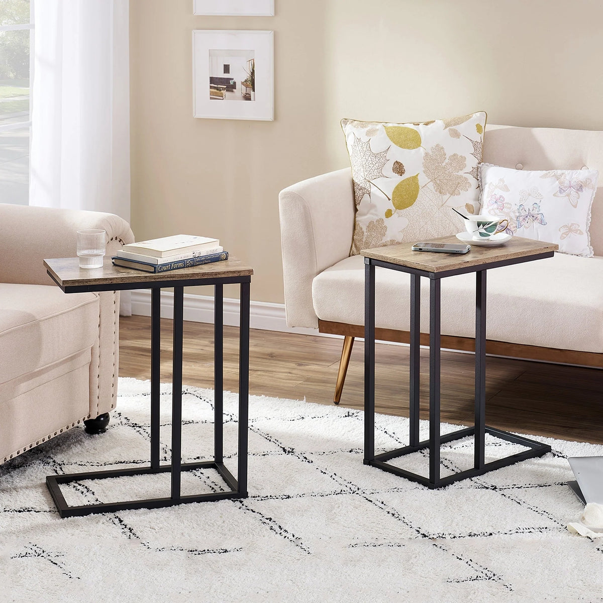 Set of 2 C-Shaped Sofa Side Tables, Small End Tables for Living Room, Bedside and TV Tray