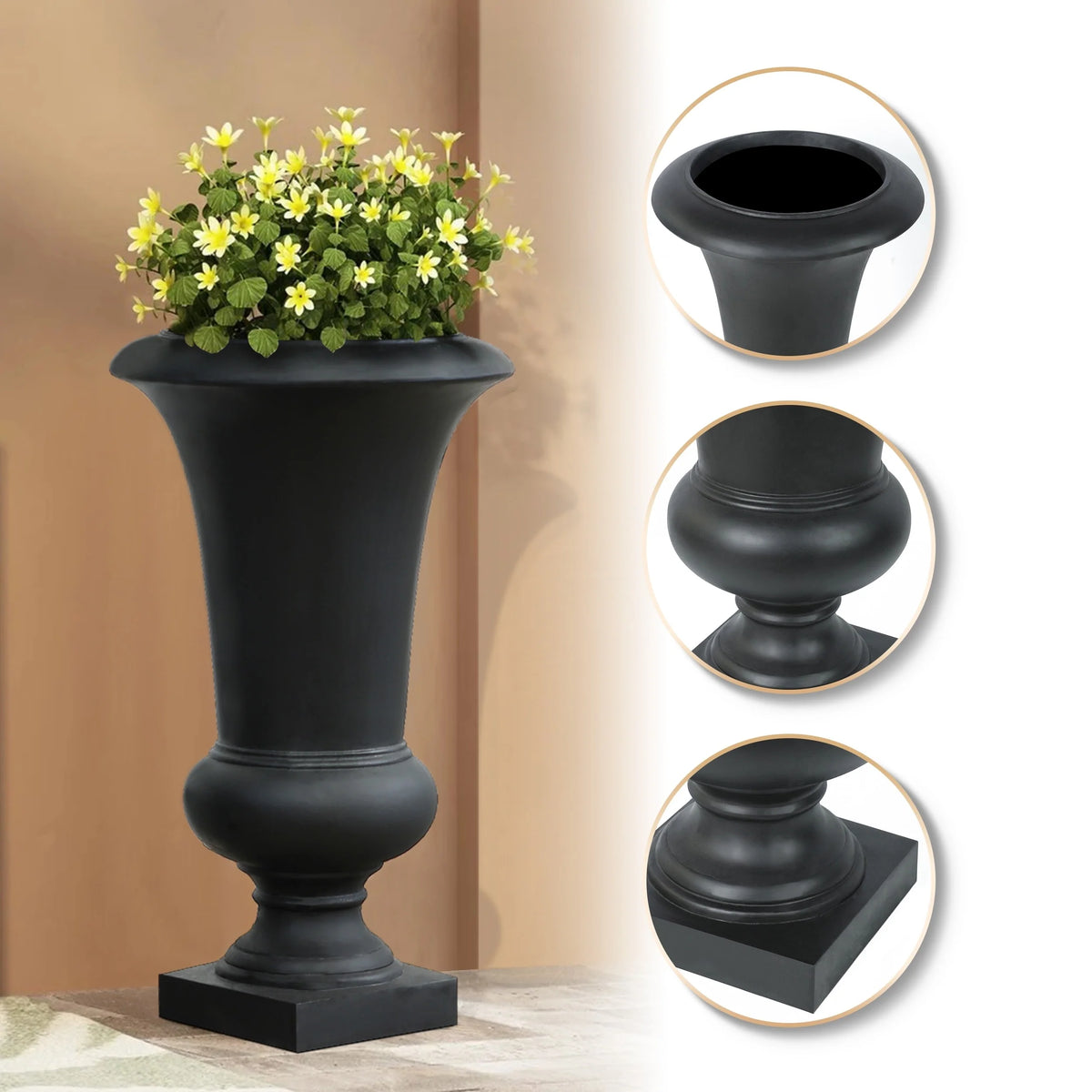 22.75" Tall Handmade Fiber Stone Urn Planter Pot, Decorative Outdoor Garden Flower Container for Patio and Home
