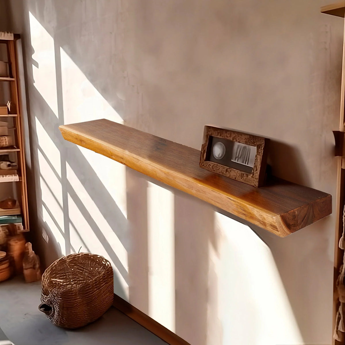 1 Piece Teak Wood Wall Shelf with Live Edge, Rustic Floating Shelf for Home Decor