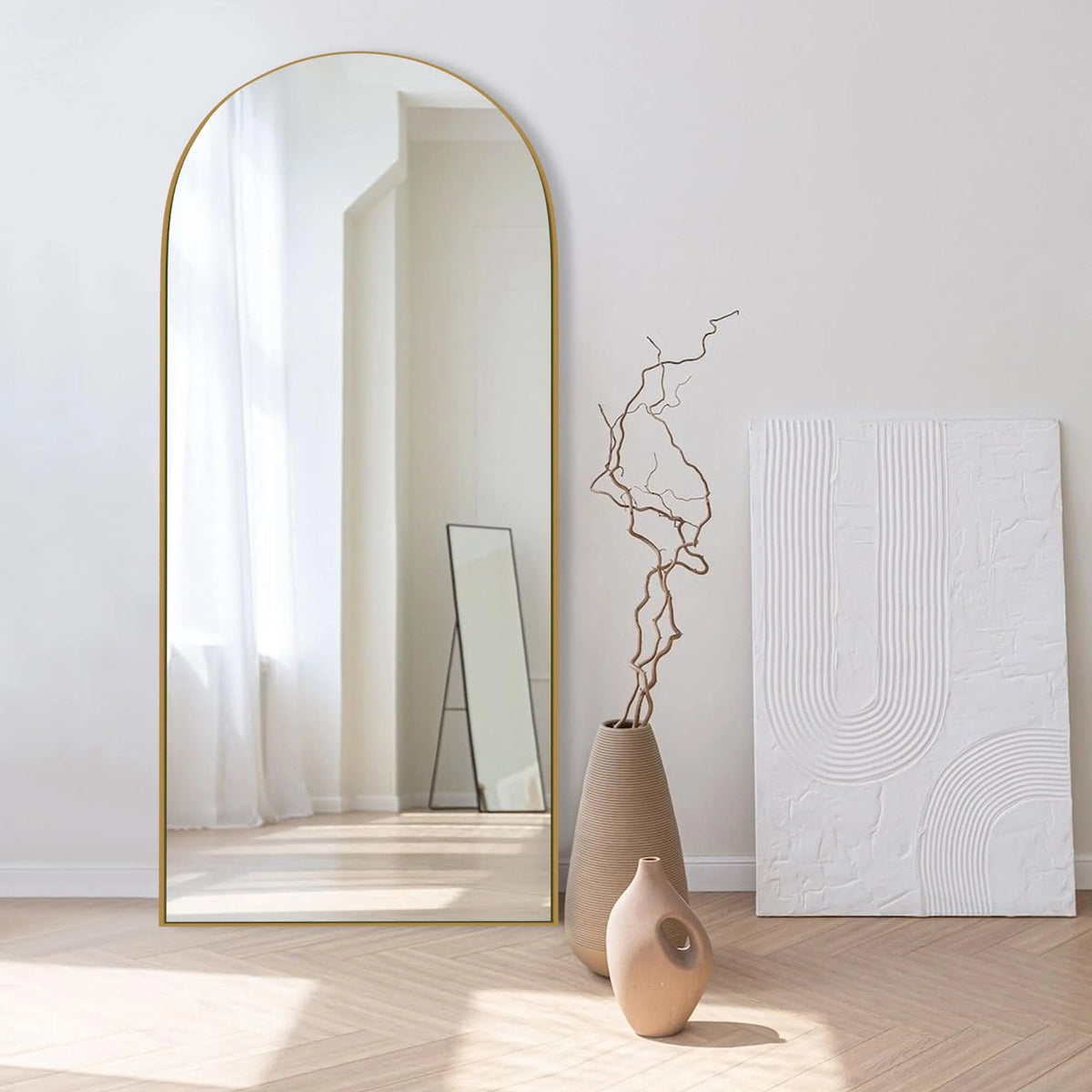 Arched Full Length Wood Floor Mirror, Full Body Standing and Wall Mounted Mirror for Bedroom, Living Room and Home Decor