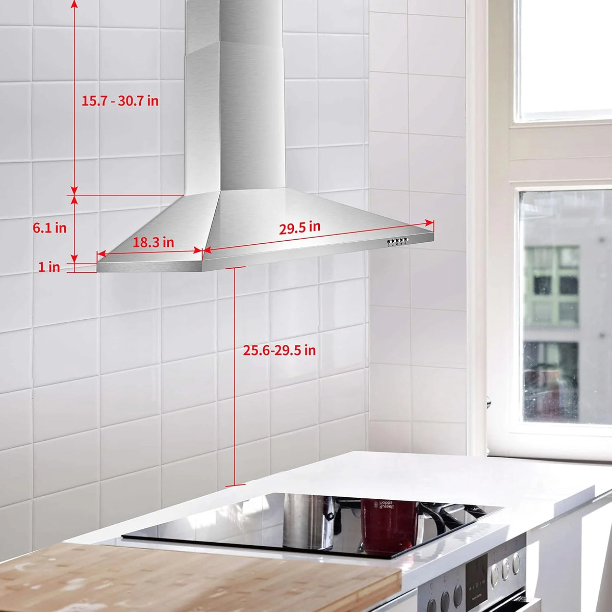 30 Inch Wall Mount Stainless Steel Range Hood, Modern Kitchen Exhaust Vent Hood with LED Light
