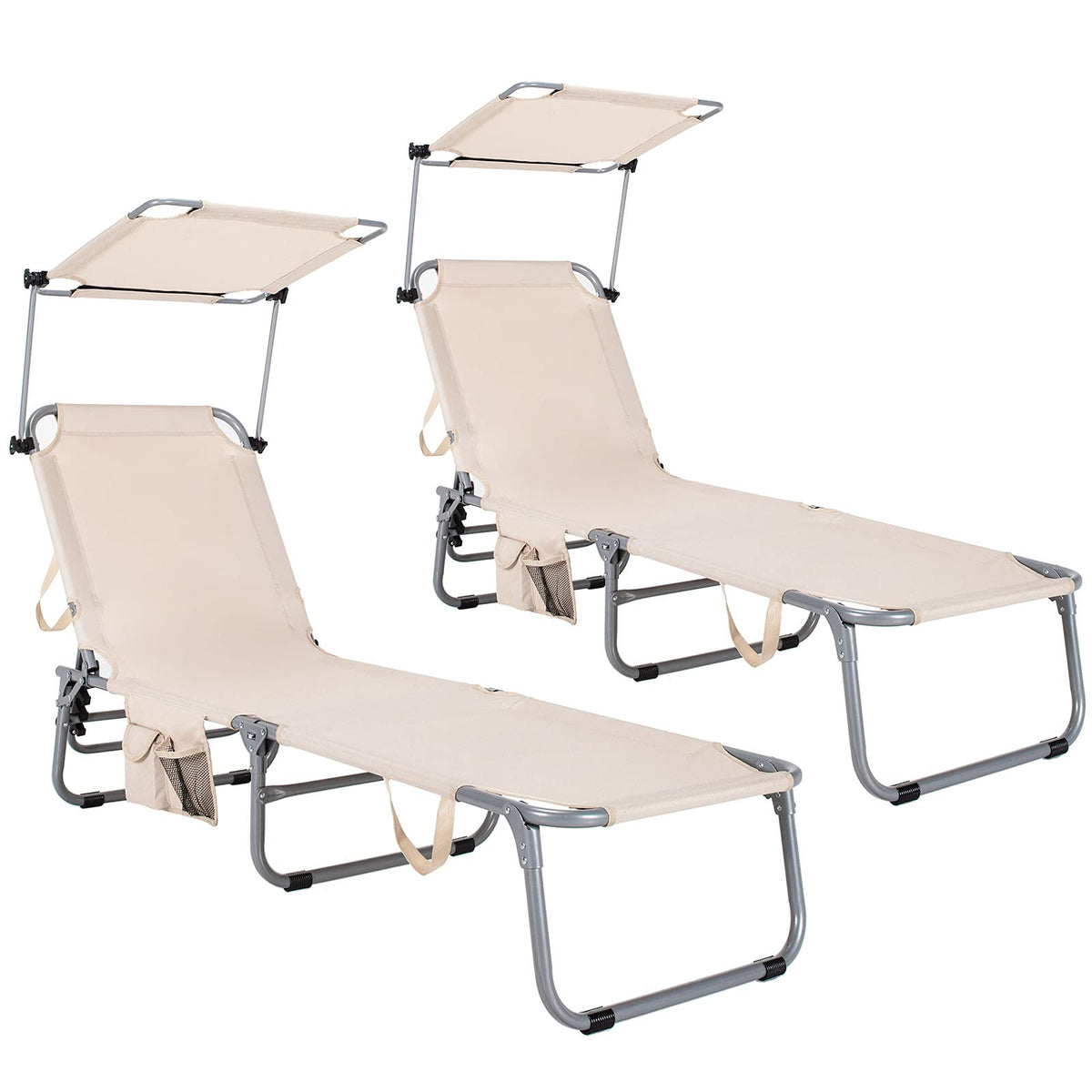 Folding Lounge Chair with Canopy �� Shade Chair with Storage Pocket